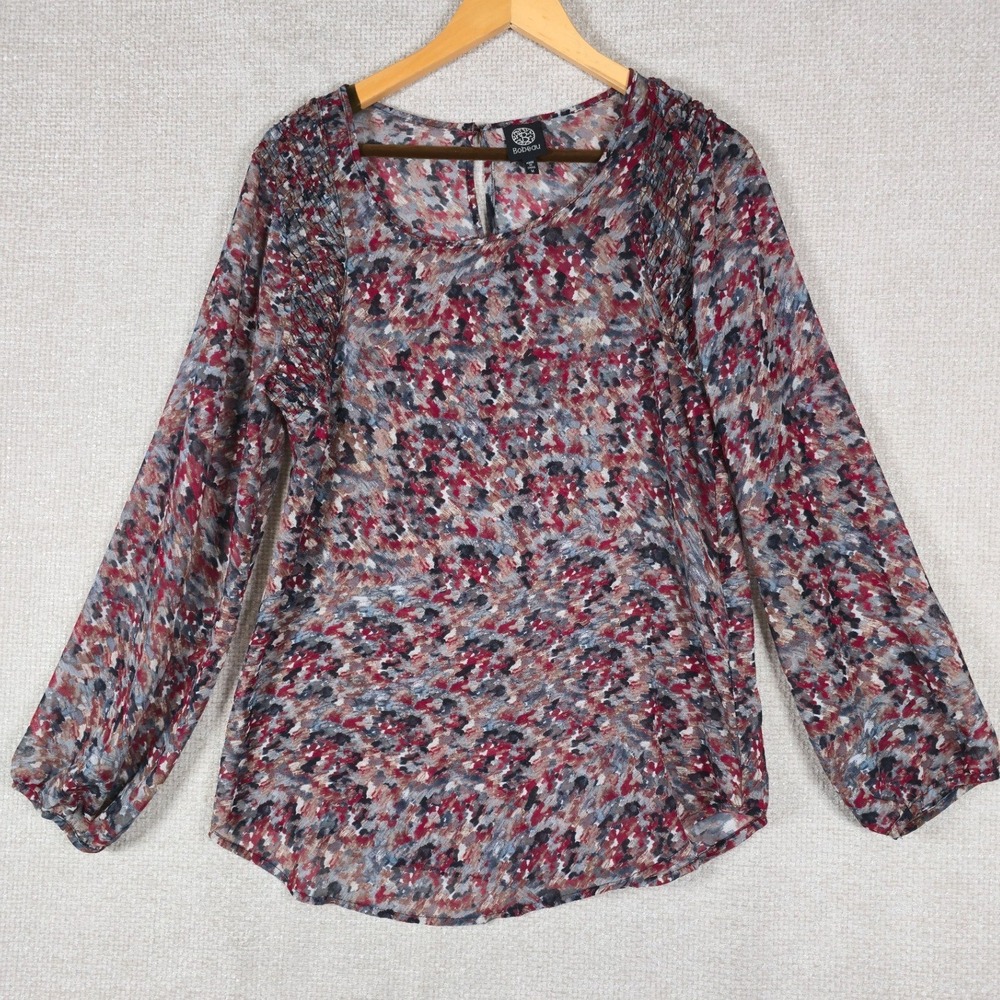 Bobeau Womens Red Blue Abstract Painterly Smocked Shoulder Blouse‎ Size M